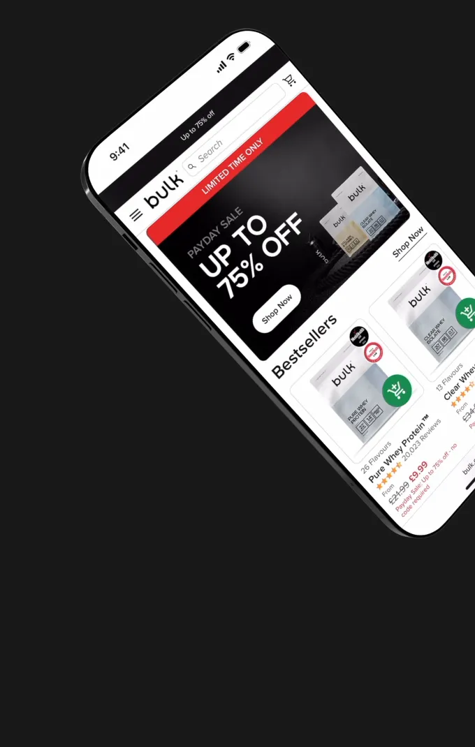 Mobile phone screen showing Bulk website with a payday sale banner offering up to 75% off and a list of bestselling protein products with prices and ratings.