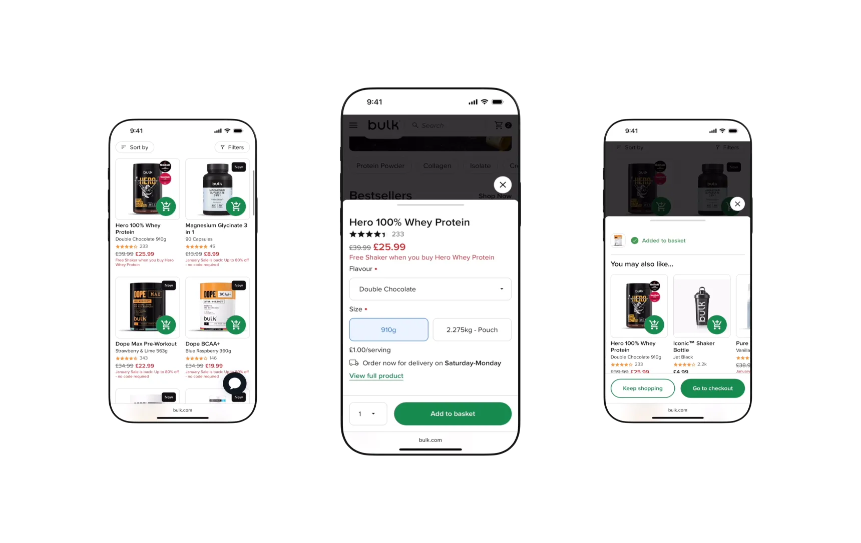 Three smartphone screens showing an online supplement store app: product listings including Hero 100% Whey Protein and Magnesium Glycinate, a detailed product page for Hero Whey Protein with flavor and size options, and a confirmation screen with related product recommendations.