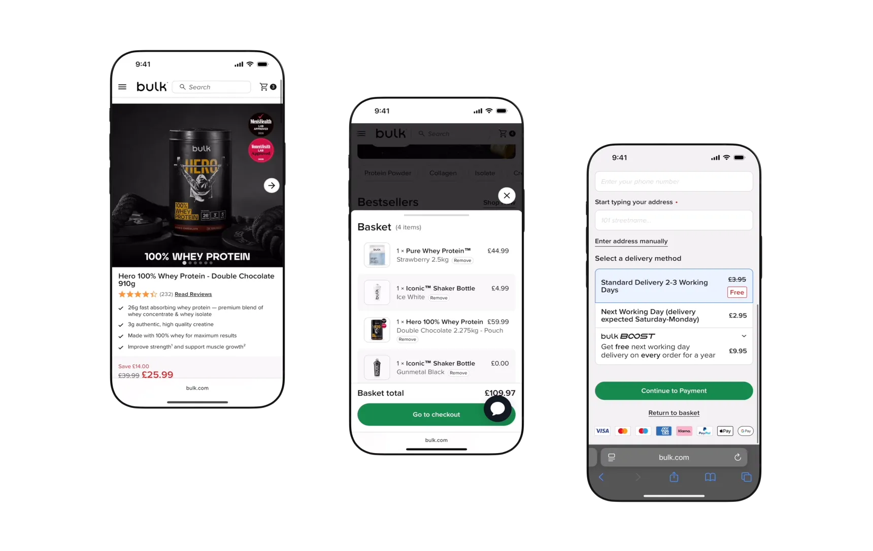 Three smartphone screens showing bulk.com app: protein powder product page, basket with four items, and delivery method selection screen.