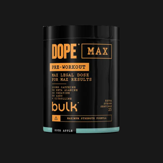 Black container of DOPE Max pre-workout supplement with sour apple flavor, listing ingredients and 25 servings.