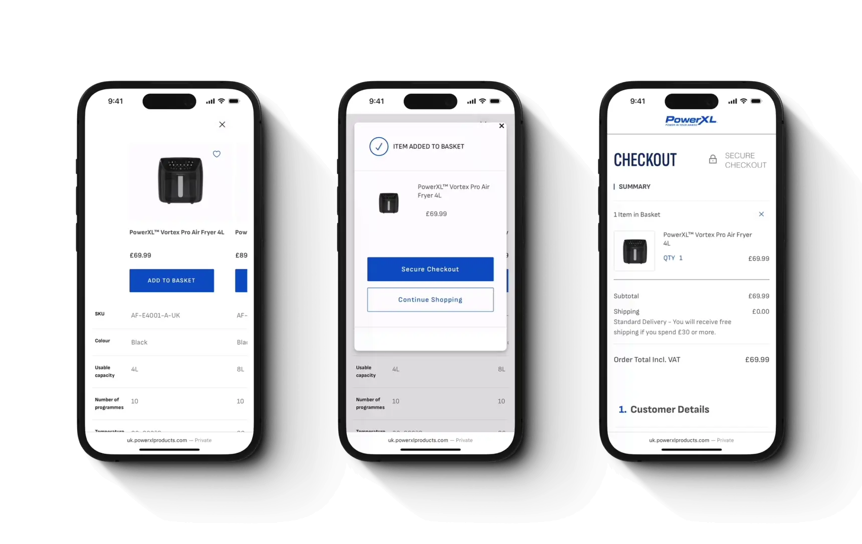 Three mobile screens showing online shopping for PowerXL Vortex Pro Air Fryer: product details with add to basket button, item added confirmation with secure checkout option, and checkout summary with order total.