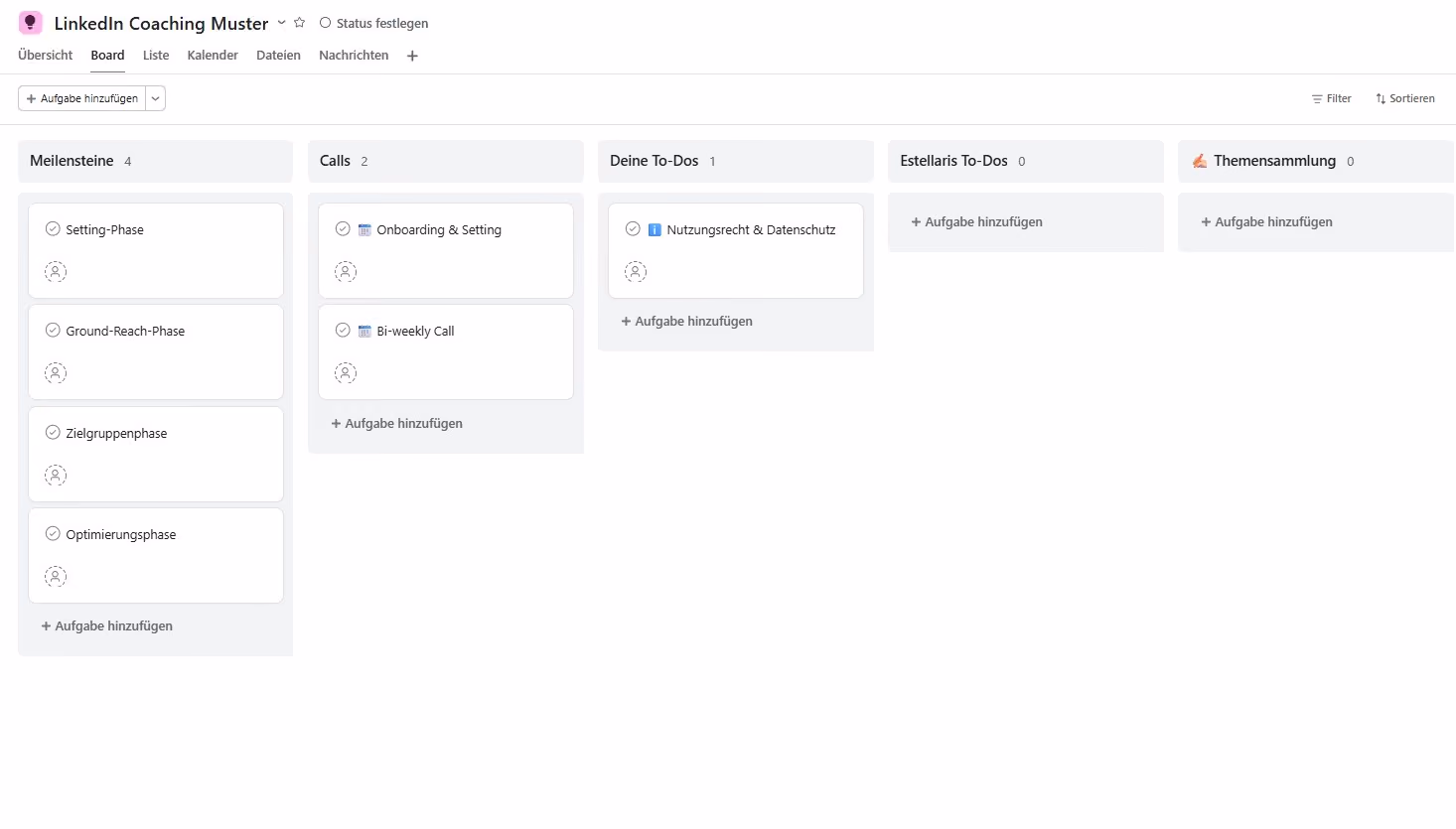 Beispiel eines Asana-Boards für die strukturierte Zusammenarbeit im LinkedIn-Coaching bei Estellaris