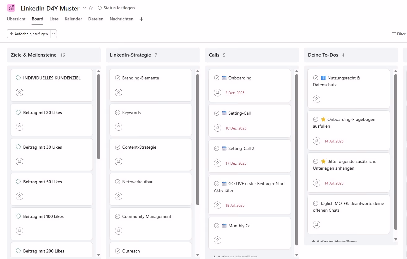 Beispiel eines Asana-Boards für die strukturierte Zusammenarbeit im LinkedIn-Profil Management bei Estellaris
