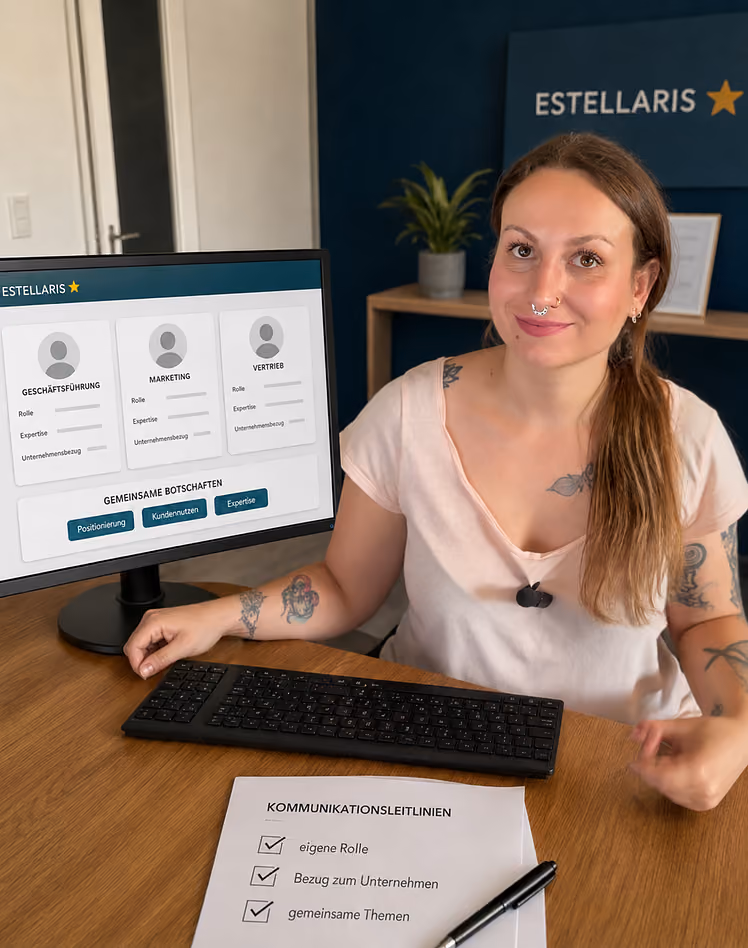 Estella Leonie Spillmann stimmt am Monitor die LinkedIn-Profile verschiedener Unternehmensrollen und gemeinsame Kommunikationsleitlinien ab.