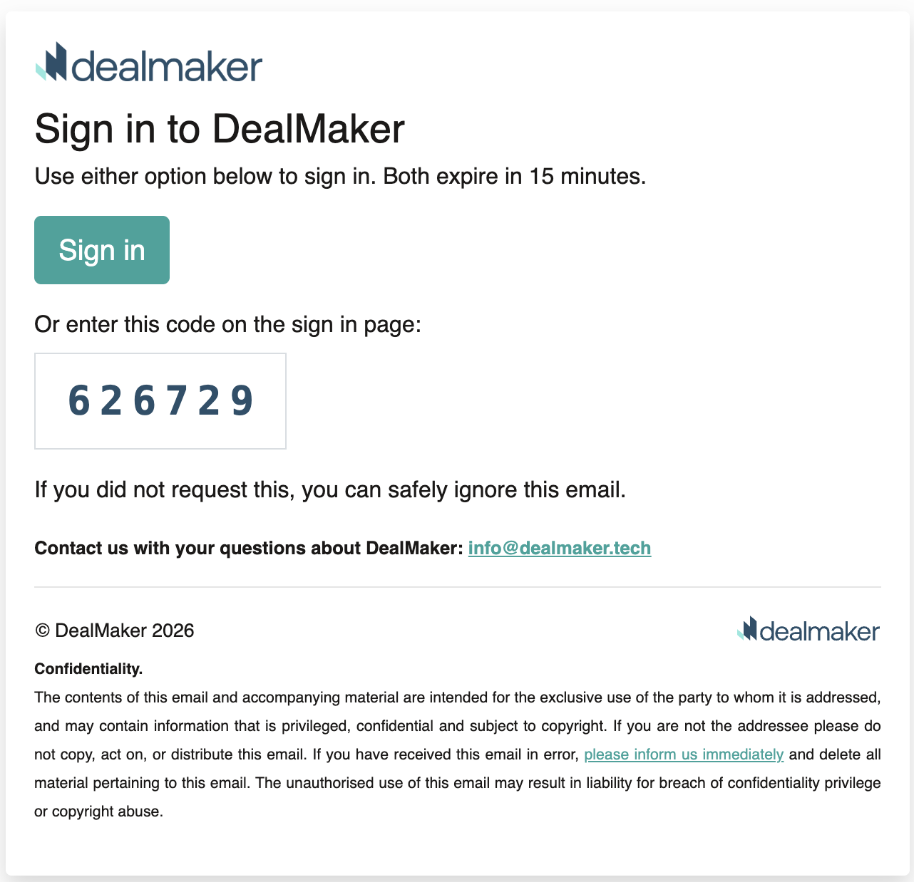DealMaker sign-in email with a one-click Sign in button and a six-digit code, both expiring in 15 minutes