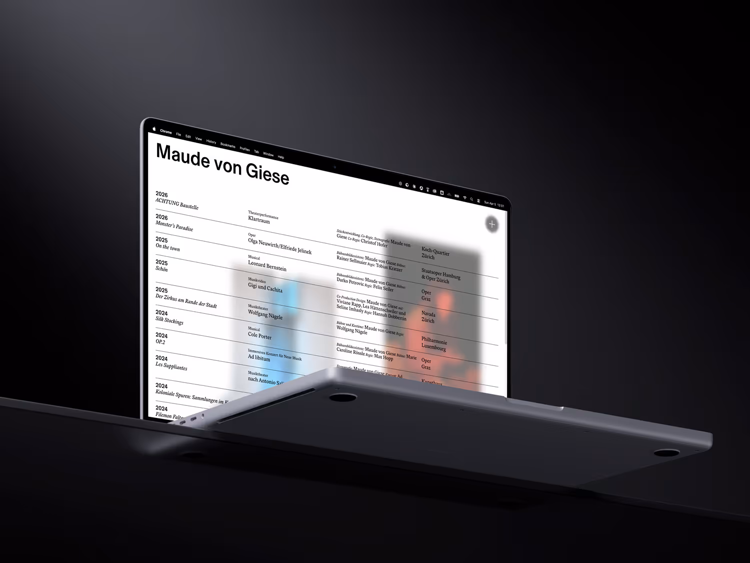 Ein immersives digitales Portfolio für die Zürcher Szenografin Maude von Giese. Scrollgesteuerte Tiefe und räumliche Dramatik bringen Bühnenbild ins Netz.