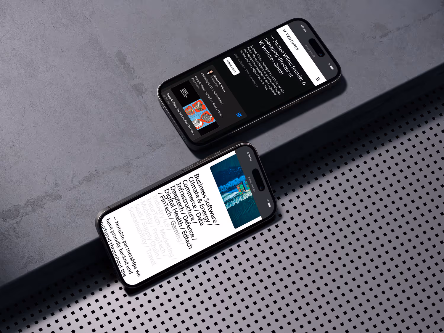 wventures mobile mockup of various screens