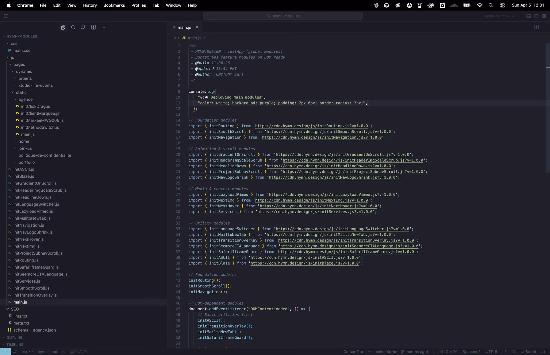 Figma-zu-Webflow-Umsetzung für Hymn Design, Branding-Agentur in Lausanne. Zweisprachiges CMS, GSAP-Animationen und Lazy-Loaded Videos.