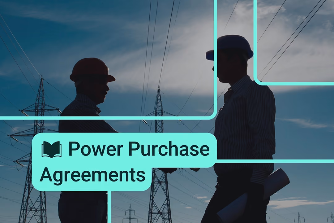 Zwei Männer schütteln sich die Hände, im Hintergrund sieht man eine Stromtrasse. Das Bild wird unten links von einer Textbox überlagert in der „Power Purchase Agreeement“ steht.