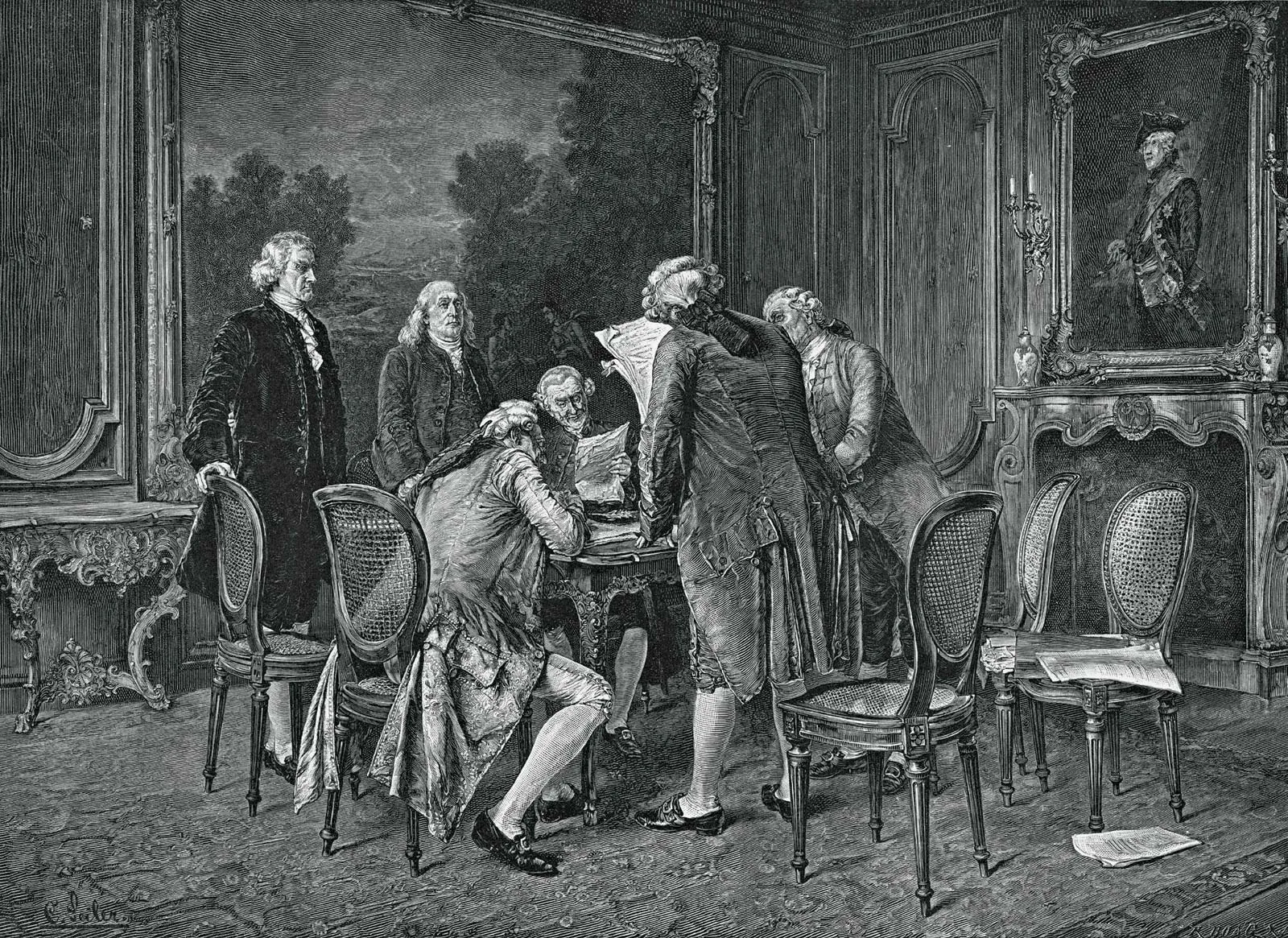 A group of men in old-fashioned clothes are gathered around a table, looking at and discussing papers in a fancy room.