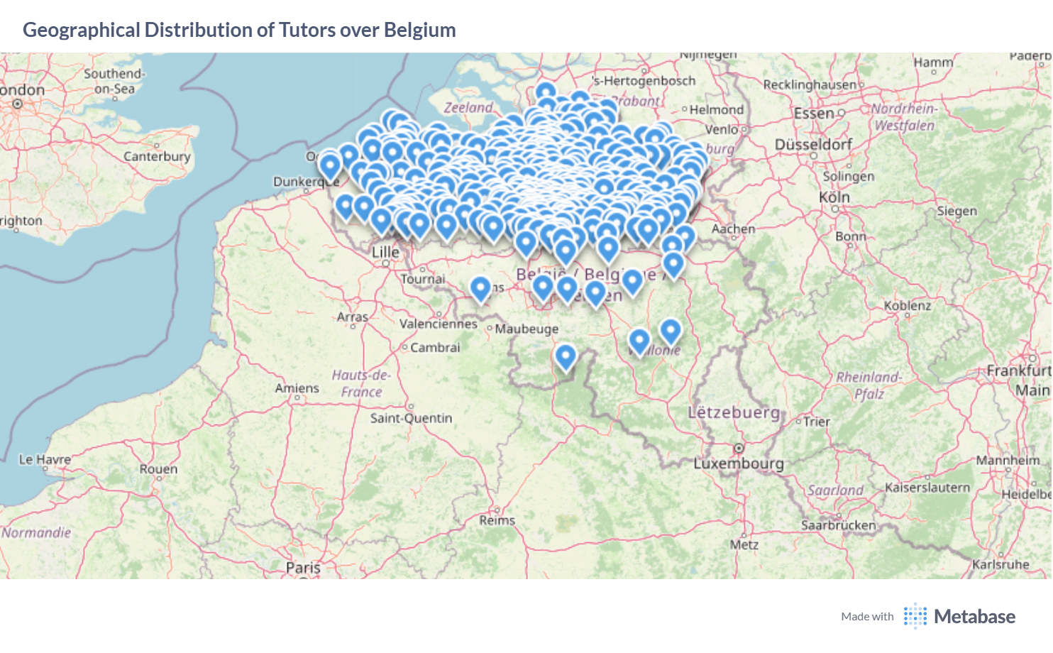 A map of Belgium showing the geographical distribution of Eduvik tutors active during the 2024–2025 school year, with markers spread across all regions from West Flanders to Limburg.