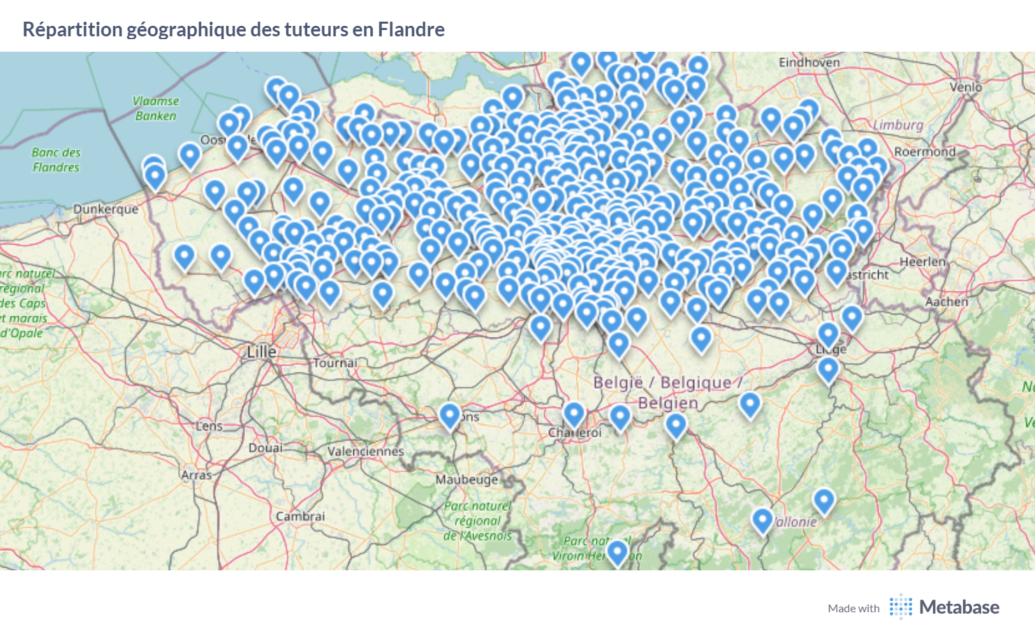 Carte de Belgique montrant tous les lieux où des cours particuliers ont été dispensés via Eduvik durant l’année scolaire 2024-2025.
