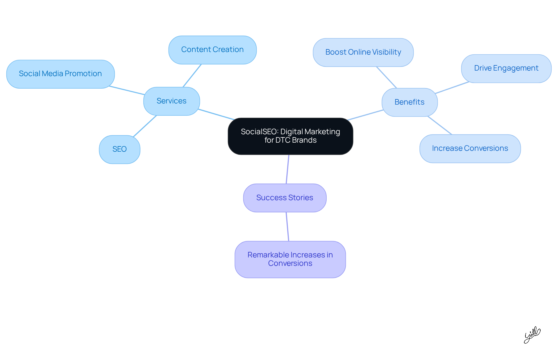 The central node represents SocialSEO, while the branches show the services they offer, the benefits of those services, and inspiring success stories from DTC brands that have partnered with them.