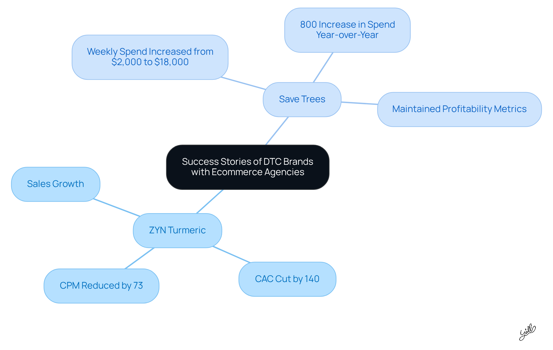 The central node represents the overall theme of success stories. Each branch represents a specific DTC brand, and the sub-branches show the key metrics and outcomes achieved through their partnership with the ecommerce agency.