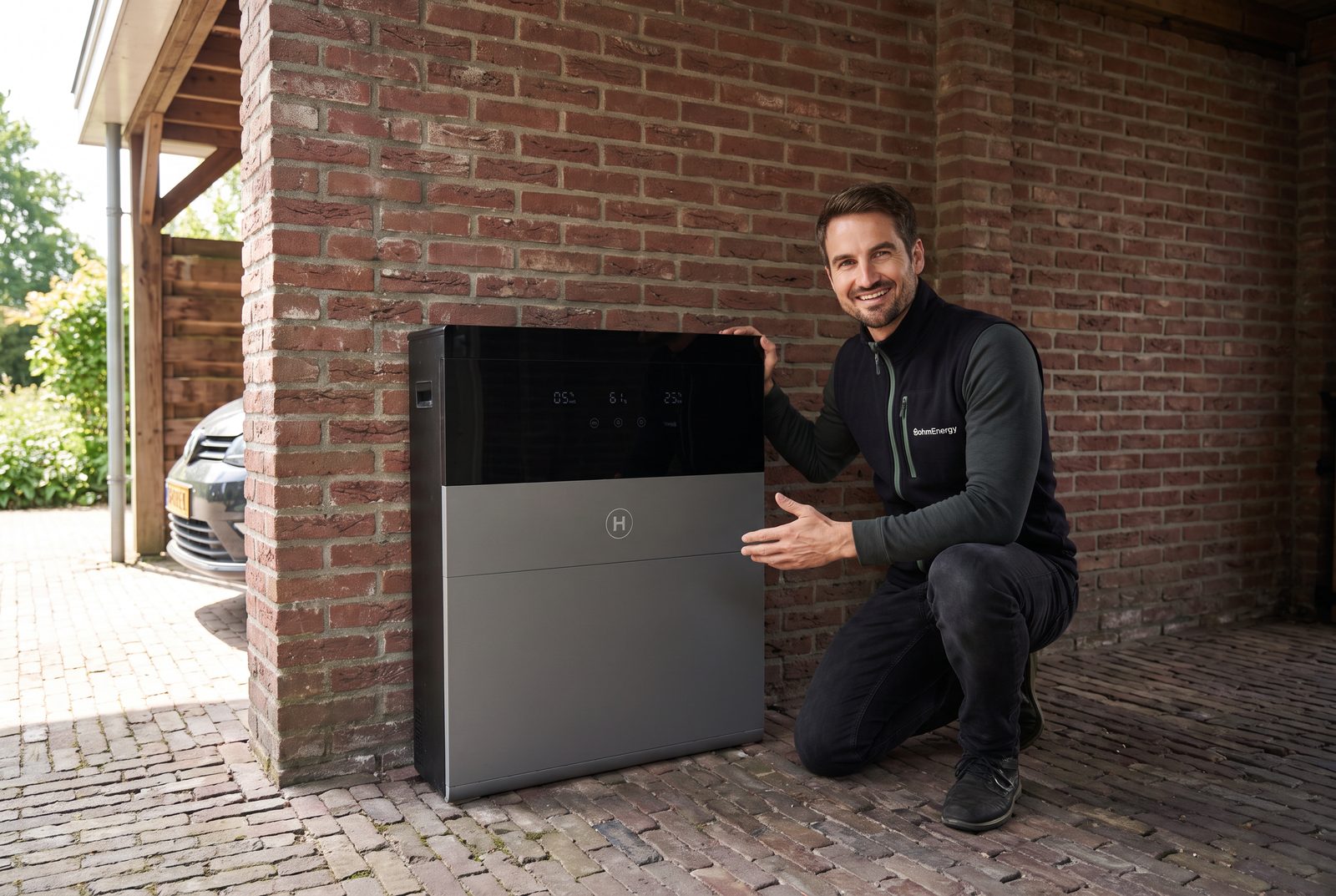 Bohm Energy adviseur bij een geïnstalleerde Hoymiles thuisbatterij onder een carport