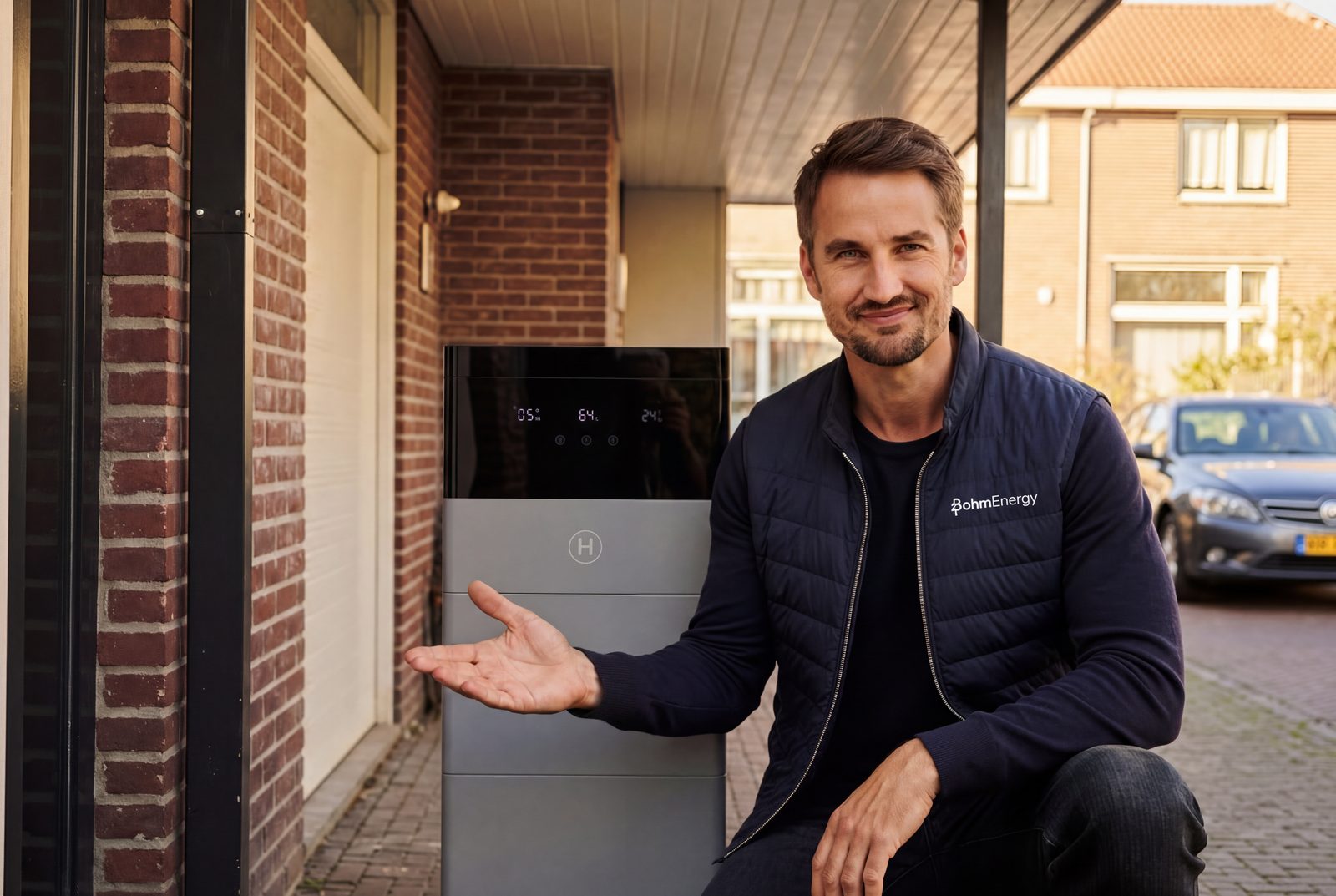 Bohm Energy adviseur bij een geïnstalleerde Hoymiles thuisbatterij onder een carport
