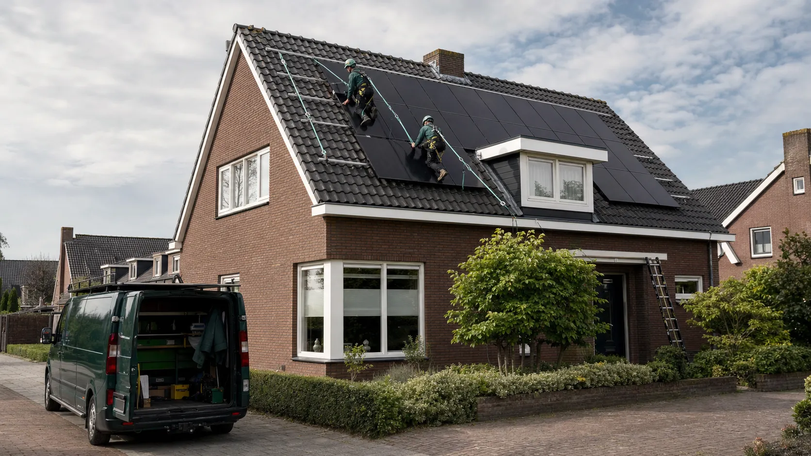 Monteurs installeren zonnepanelen met valbeveiliging op een Nederlandse woning