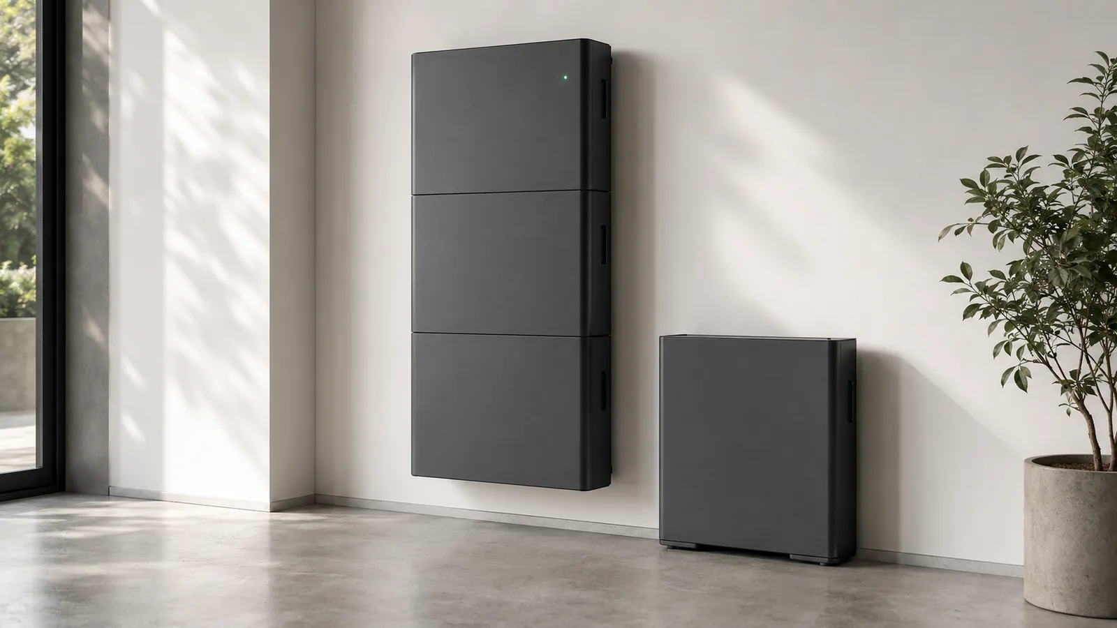Modulaire thuisbatterij met drie gestapelde modules en een losse uitbreidingsmodule