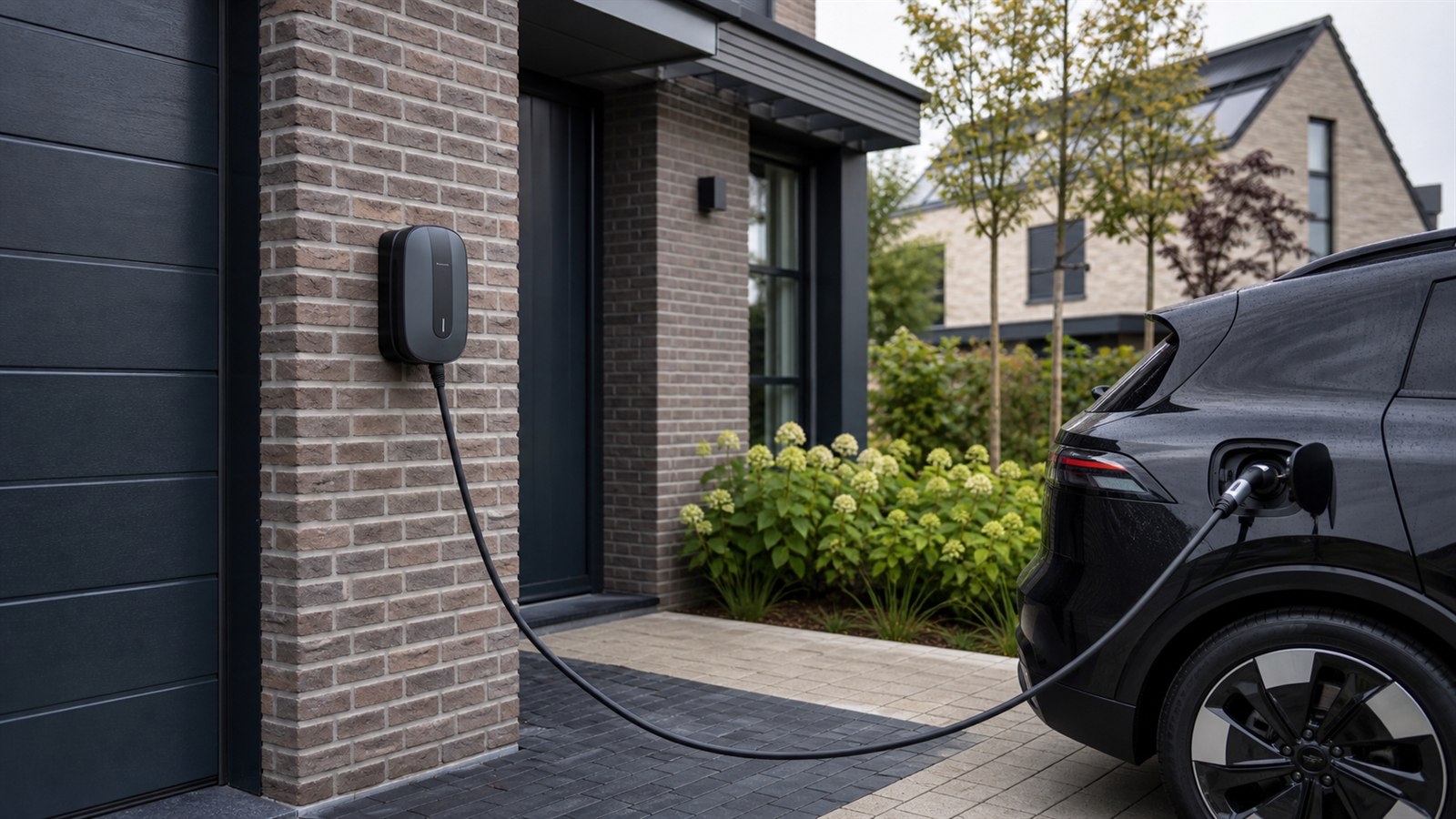 Thuislaadpaal aan een Nederlandse woning met een elektrische auto
