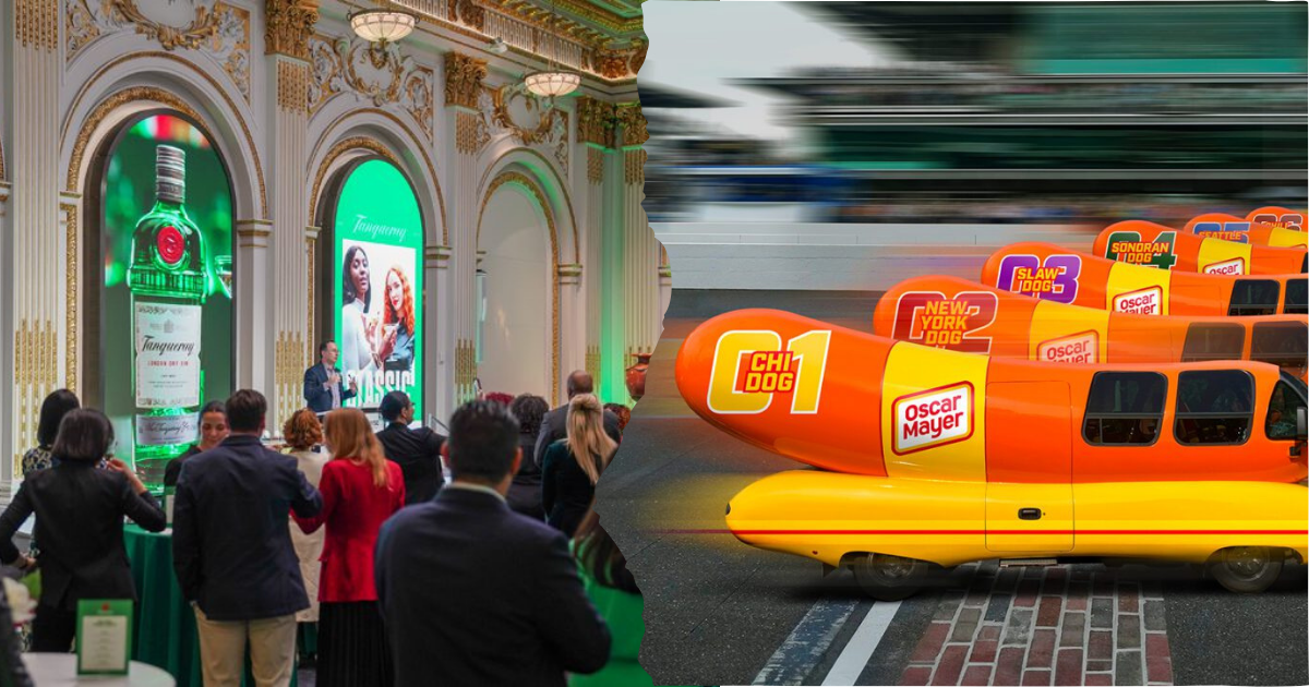 A split-screen image showcases two branded activations: on the left, an elegant Tanqueray event in an ornate hall with green-lit displays, and on the right, a lineup of Oscar Mayer Wienermobiles racing at the Indianapolis Motor Speedway, each representing 