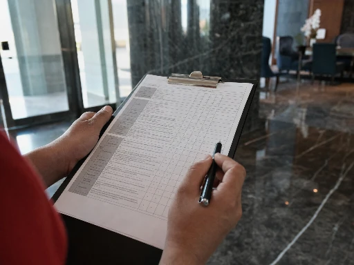 Close-up of commercial cleaning inspector hands holding clipboard with building checklist, red polo sleeve visible