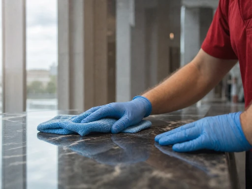 Close-up of cleaning technician's gloved hands wiping polished marble in a Class A office lobby