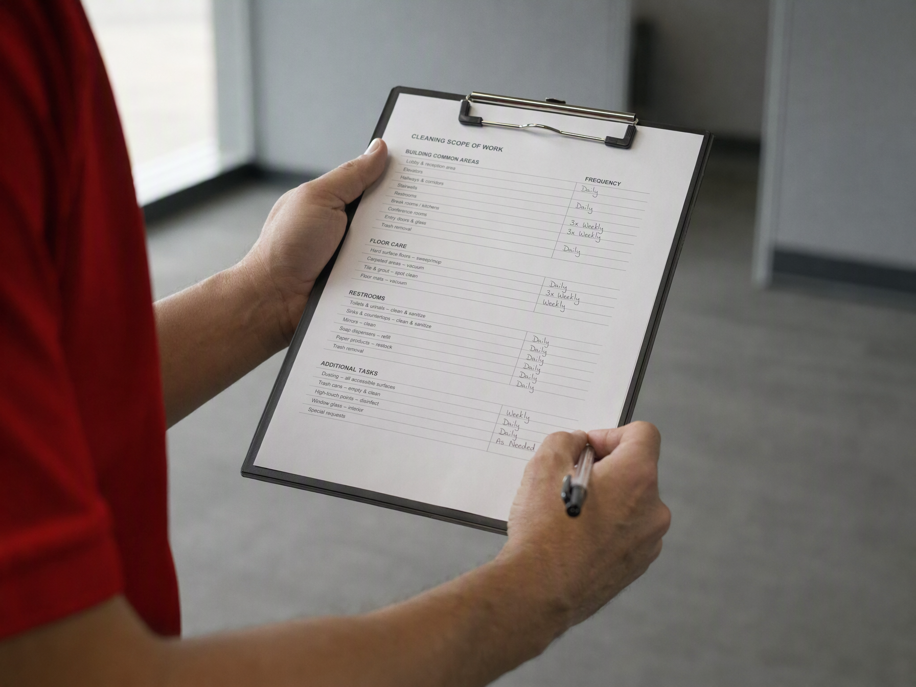 Close-up of a cleaning professional reviewing a commercial cleaning scope checklist on a clipboard