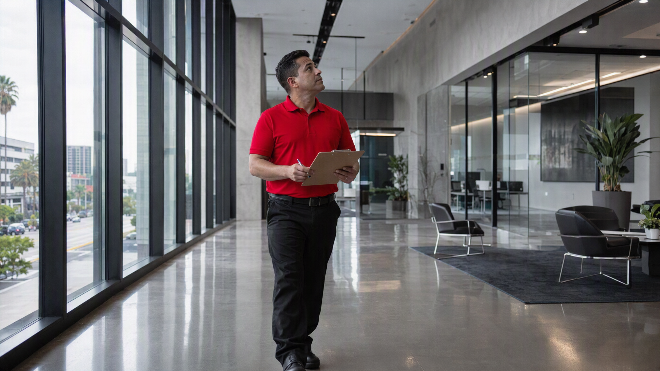 A commercial cleaning technician in a red polo shirt conducting a building walkthrough assessment in a modern Los Angeles office lobby