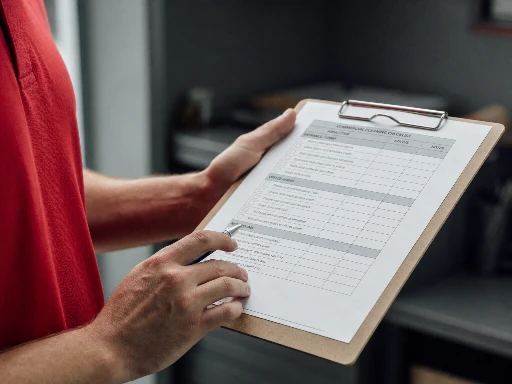 Close-up of cleaning technician hands reviewing a commercial cleaning SLA checklist on a clipboard