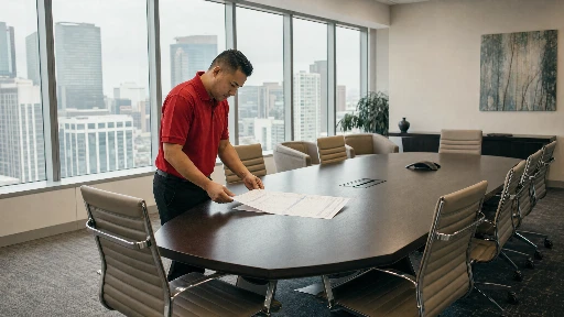 Commercial cleaning technician in red polo reviewing a service checklist document at a Los Angeles office building