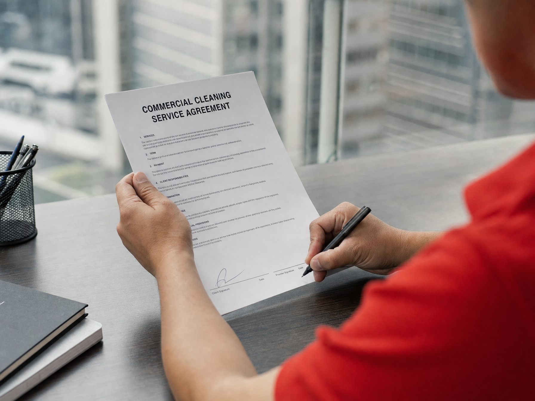 Professional hands signing a commercial cleaning service contract at an office desk