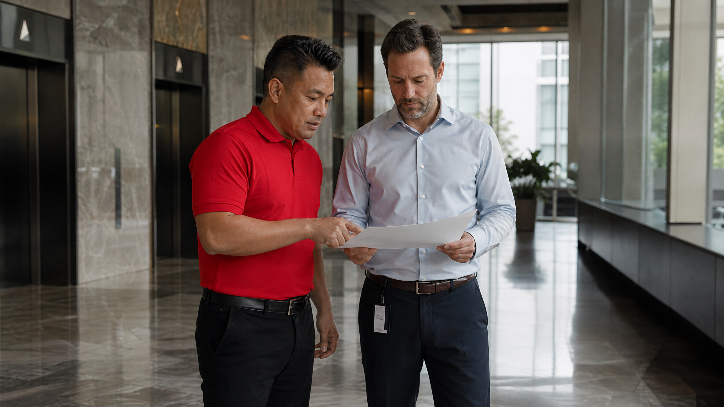 Commercial cleaning technician in red polo reviewing building services documentation with facilities manager in a Los Angeles Class A office lobby