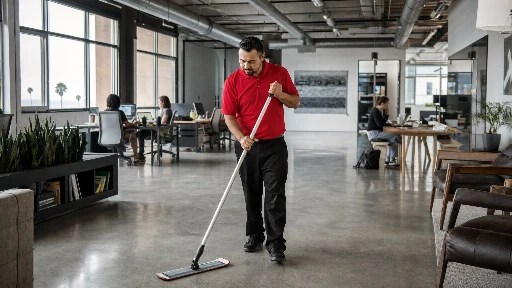 Commercial cleaning technician in red polo shirt mopping polished concrete floors in a Santa Monica creative office with exposed ductwork ceiling and open-plan workspace