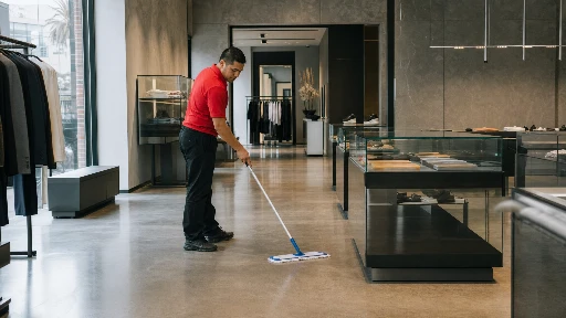 Commercial cleaning technician in plain red polo shirt mopping polished concrete floors inside a West Hollywood luxury retail boutique with glass display cases and pendant lighting