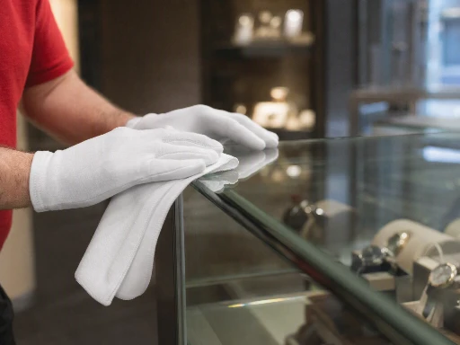 Gloved hands polishing a glass display case in a luxury retail showroom, red polo shirt sleeve visible at frame edge with soft directional window light