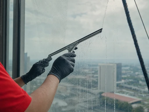 Gloved hands gripping a professional window squeegee against exterior glass of a Los Angeles high-rise building, red polo shirt sleeve at frame edge, blue-grey sky reflected in glass