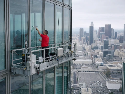 Commercial cleaning technician in plain red polo shirt operating a suspended scaffold platform on the glass curtain wall exterior of a Los Angeles high-rise office tower, city skyline visible below