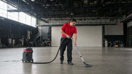 Commercial cleaning technician in red polo vacuuming a large soundstage floor with film lighting rigs overhead