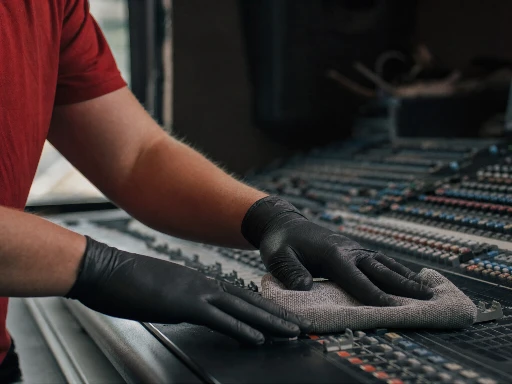 Close-up of cleaning technician in red polo wiping a production mixing console with a microfiber cloth