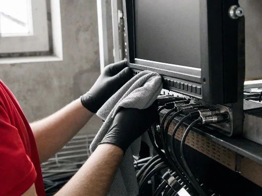 Gloved hands using dry microfiber cloth around a broadcast monitor and cable panel, red polo shirt sleeve at frame edge, soundstage environment in background