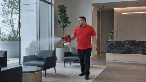 Professional cleaning technician in red polo shirt using electrostatic disinfection sprayer in Los Angeles commercial office lobby