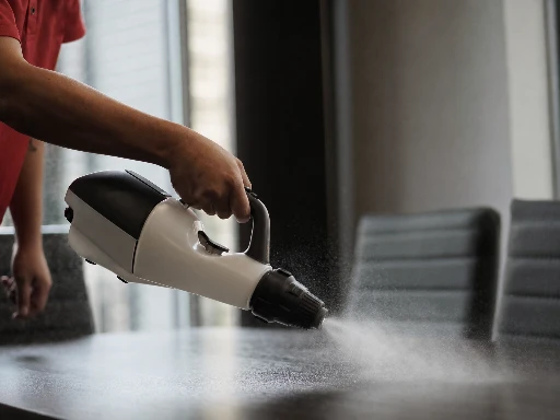 Close-up of electrostatic disinfection sprayer being applied to office surfaces