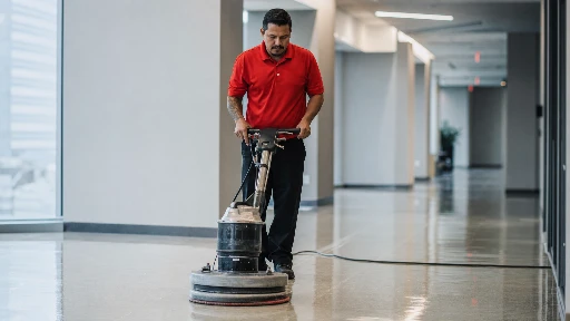 Professional floor technician operating strip and wax floor machine on VCT flooring in Los Angeles commercial building