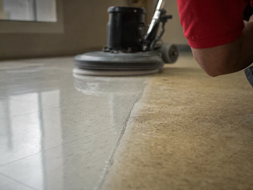 Close-up of freshly waxed VCT floor with high gloss finish in commercial office space