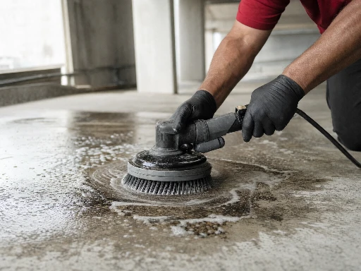 Close-up of oil stain treatment on concrete parking deck surface with degreaser