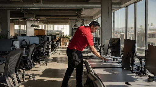 Daytime cleaning attendant wiping down hot desk surfaces in a bright Los Angeles coworking space