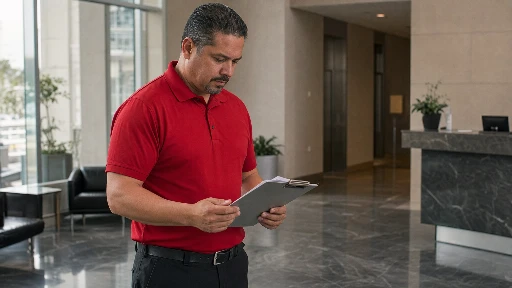 Commercial cleaning technician in red polo reviewing a cleaning proposal in a Los Angeles Class A office lobby