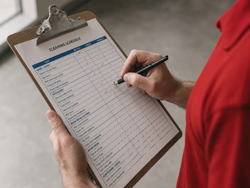 Close-up of hands writing a cleaning schedule checklist on a clipboard with red polo sleeve visible