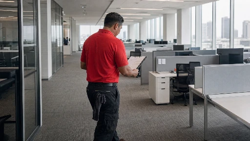 Commercial cleaning technician in red polo with clipboard walking through a Los Angeles commercial office building