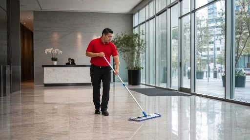 Commercial cleaning technician in red polo mopping the lobby floor of a Class A Los Angeles office building